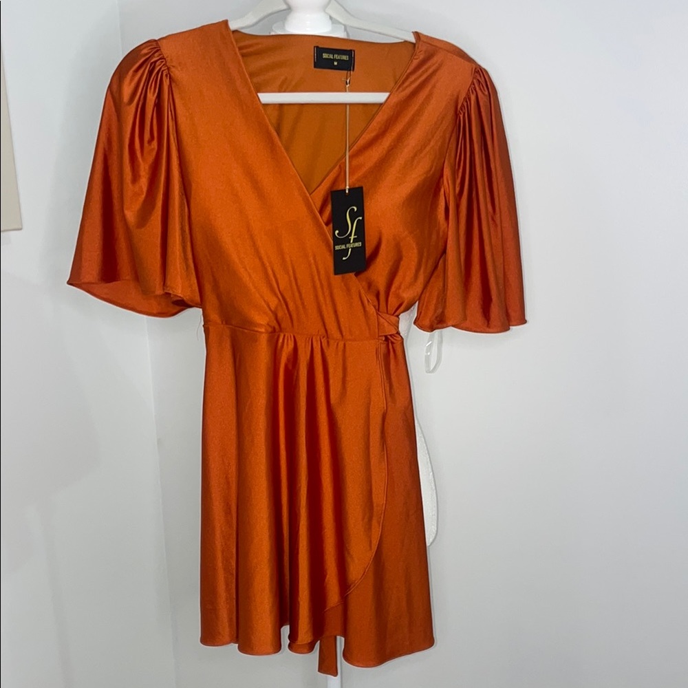 Orange Silky V-Neck Mini Sundress